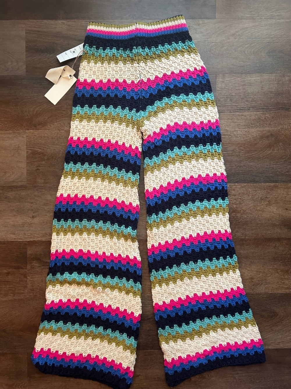 Blue Velvet Crochet Knit Flare Pants NWT Women's Medium Colorful Striped Boho